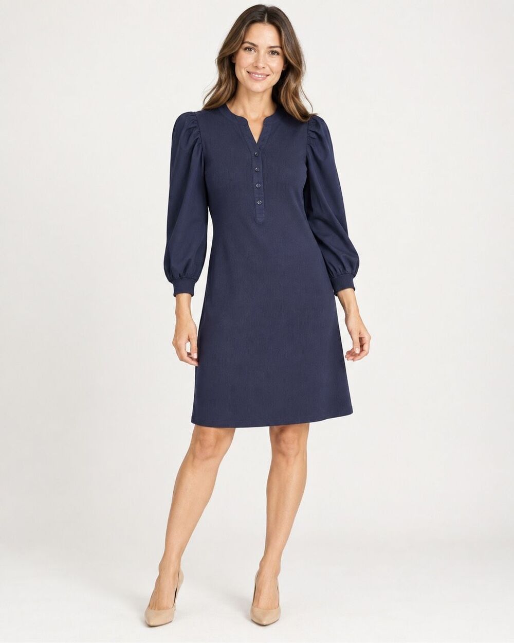 Chico’s Women’s US 4 Navy Ribbed Knit Dress Puff Sleeve Mixed Media Knee Length
